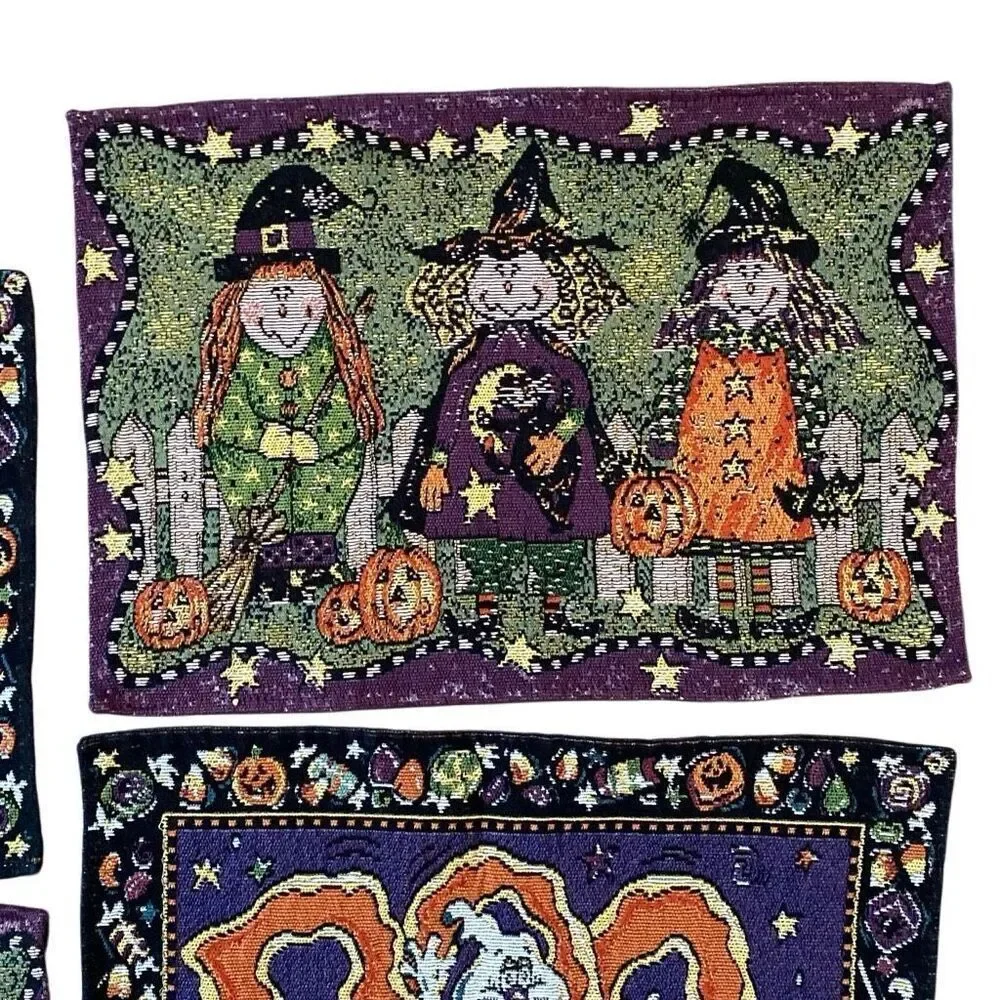 Vintage Halloween Woven Placemats Tapestry Set Pumpkins Witches 90s Cottagecore